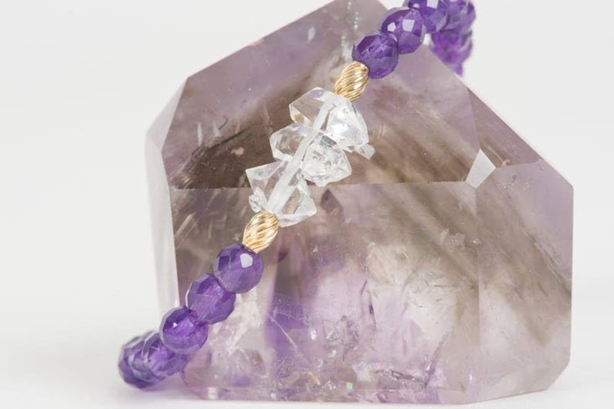 Natural Amethyst & Herkimer Diamond Gemstone Stretch Bracelet, Unisex